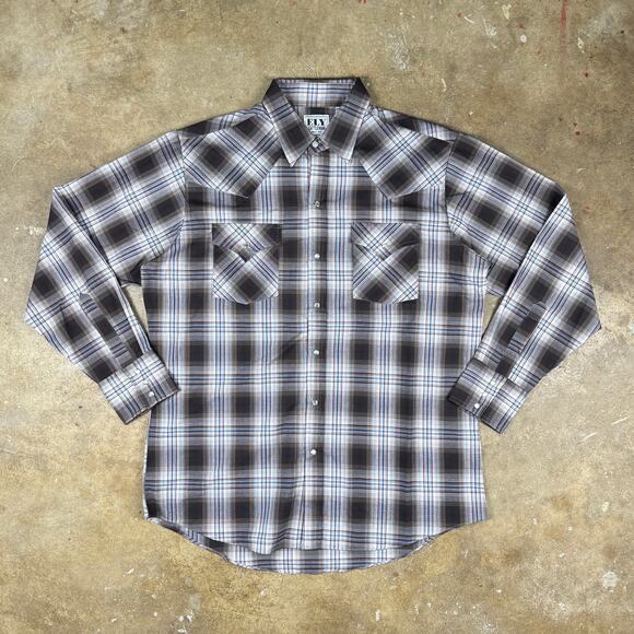 Ely Cattleman Plaid Western Pearl Snap Shirt Men’s Large Brown Cream Blue Red - Picture 1 of 11